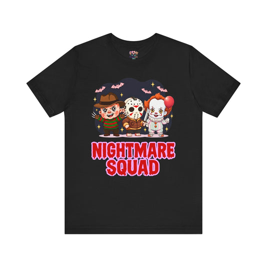 Nightmare Squad Spooky Trio Unisex T‑Shirt | Cute Halloween Graphic Tee | Soft Cotton Front & Back Print – Custom T-Shirt by PixelCraft360, unique decoration for events and special gifts
