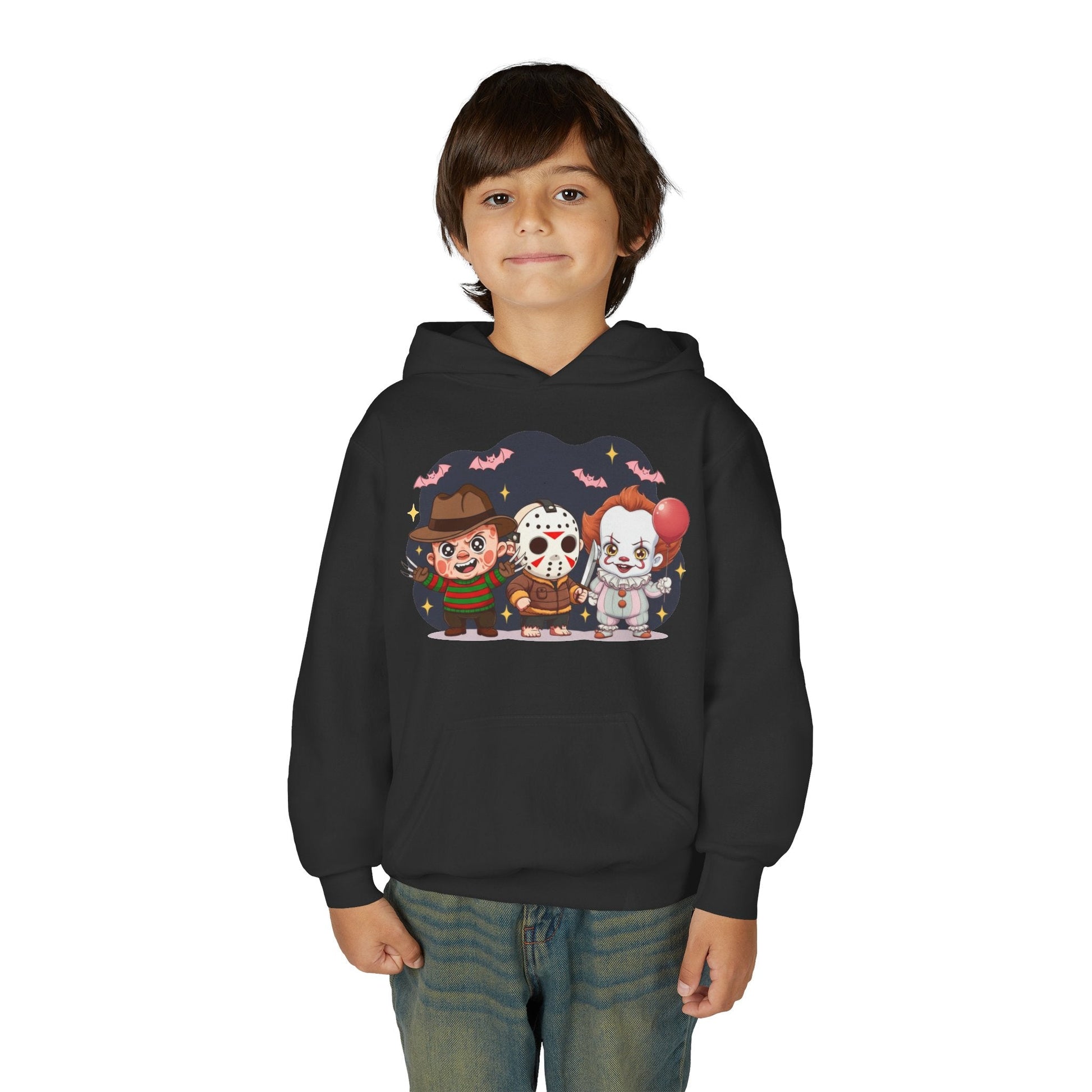 Spooky Kids’ Hoodie | Youth Heavy Blend™ Halloween Sweatshirt | Cozy Fleece, Front & Back Print, Trick - or - Treat Outfit, Horror Fan Gift – Custom Kids clothes by PixelCraft360, unique decoration for events and special gifts