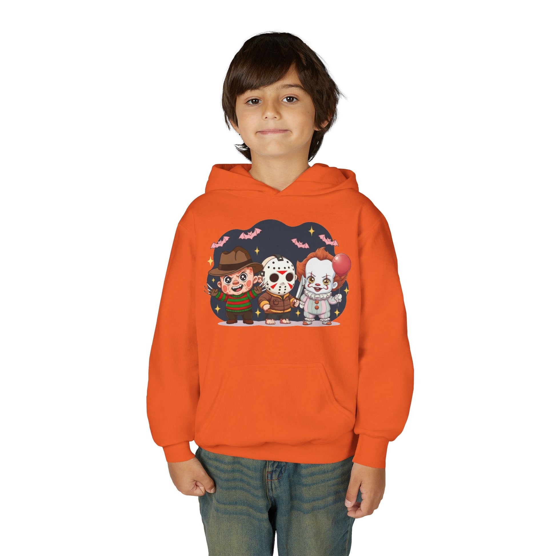 Spooky Kids’ Hoodie | Youth Heavy Blend™ Halloween Sweatshirt | Cozy Fleece, Front & Back Print, Trick - or - Treat Outfit, Horror Fan Gift – Custom Kids clothes by PixelCraft360, unique decoration for events and special gifts