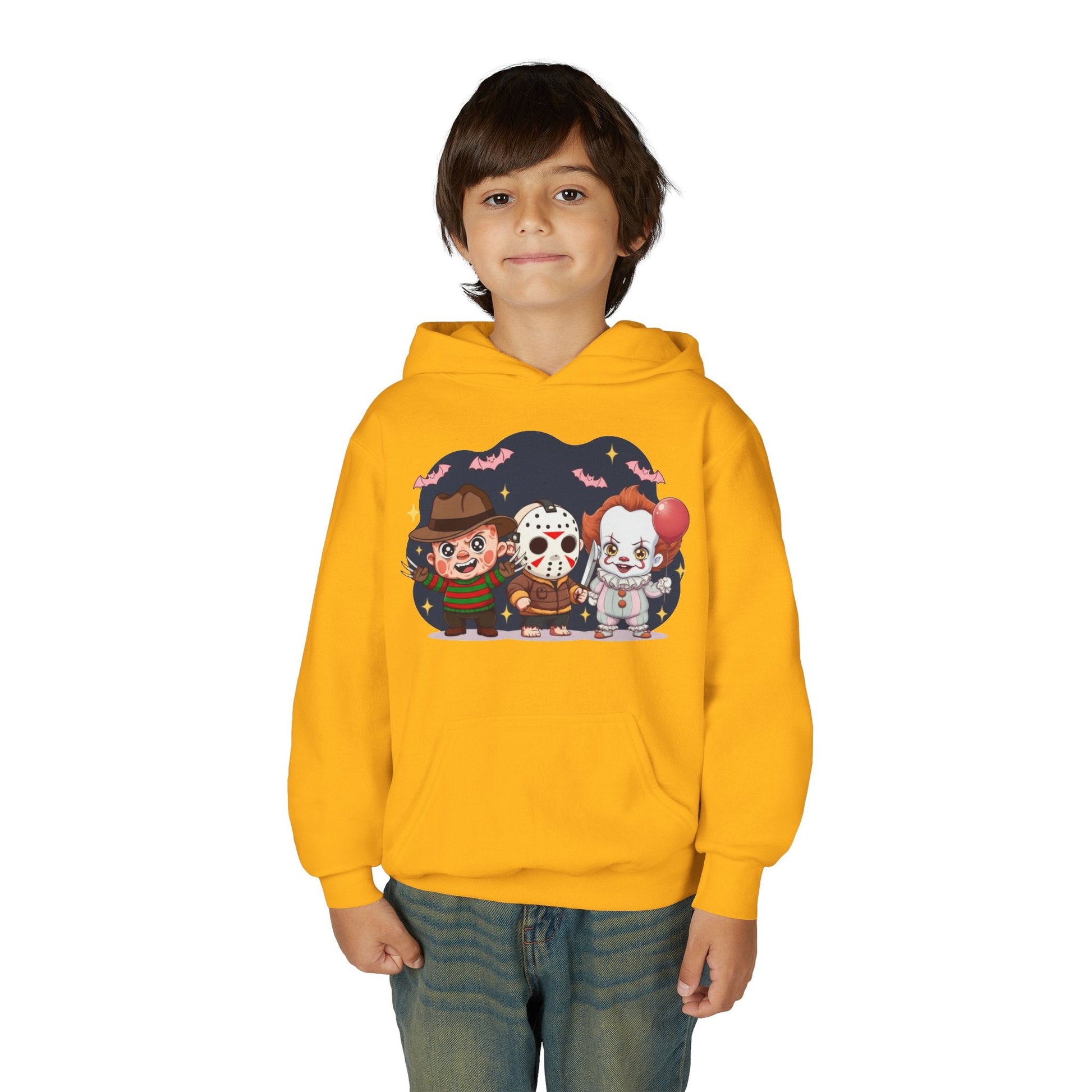 Spooky Kids’ Hoodie | Youth Heavy Blend™ Halloween Sweatshirt | Cozy Fleece, Front & Back Print, Trick - or - Treat Outfit, Horror Fan Gift – Custom Kids clothes by PixelCraft360, unique decoration for events and special gifts
