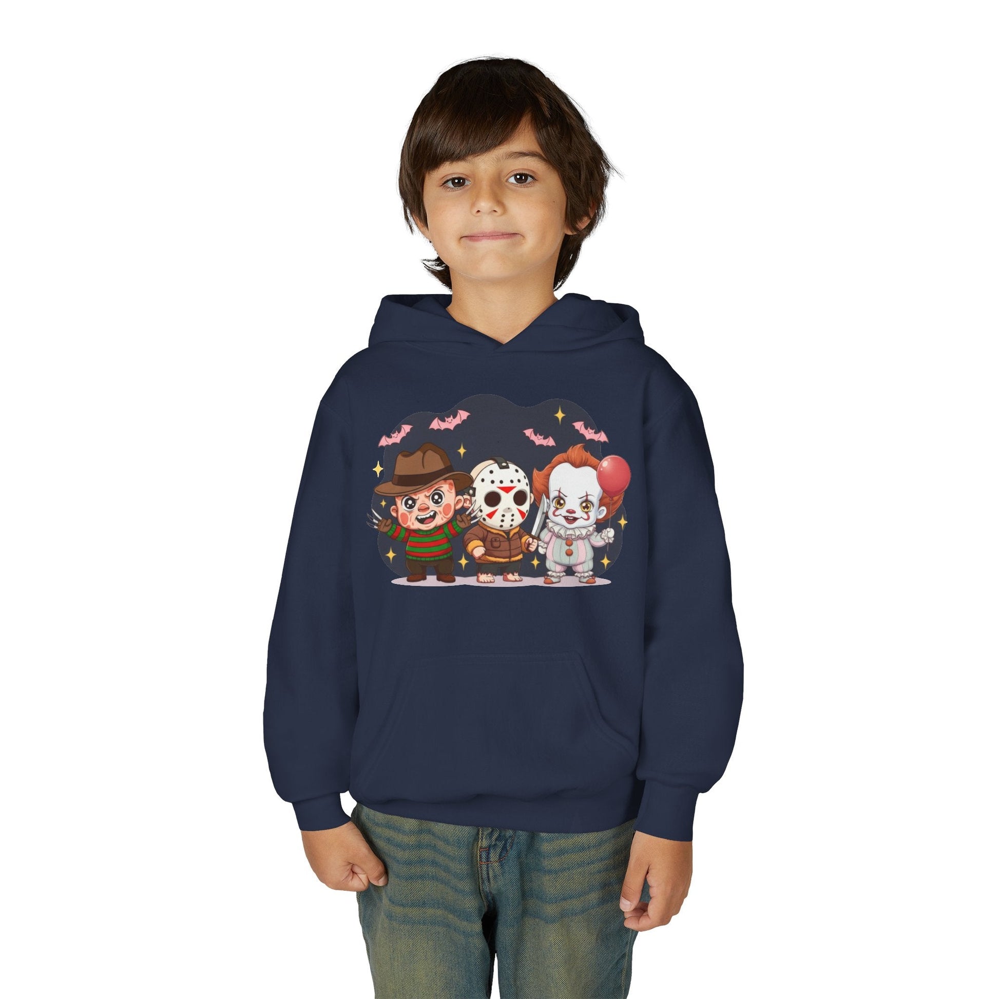 Spooky Kids’ Hoodie | Youth Heavy Blend™ Halloween Sweatshirt | Cozy Fleece, Front & Back Print, Trick - or - Treat Outfit, Horror Fan Gift – Custom Kids clothes by PixelCraft360, unique decoration for events and special gifts