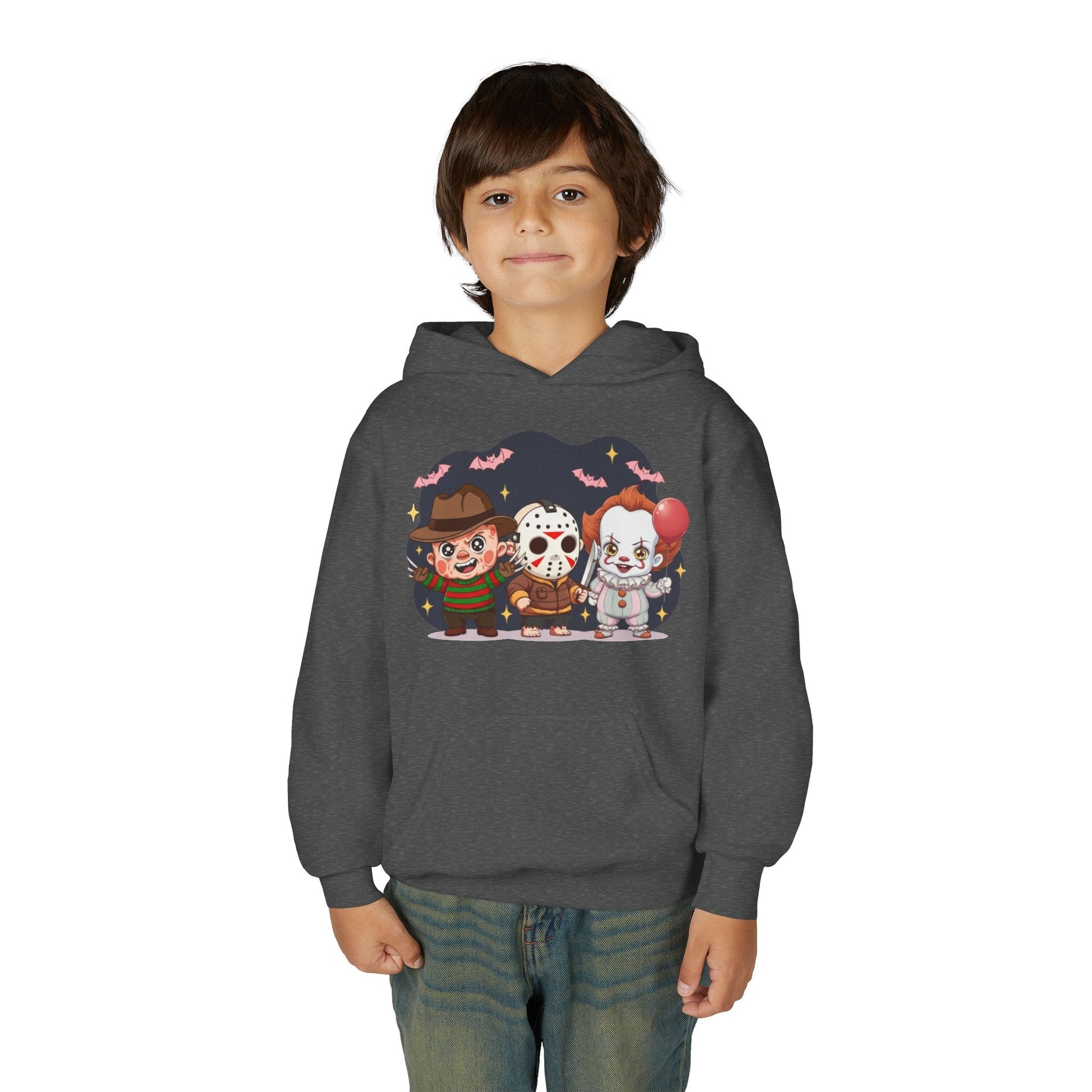 Spooky Kids’ Hoodie | Youth Heavy Blend™ Halloween Sweatshirt | Cozy Fleece, Front & Back Print, Trick - or - Treat Outfit, Horror Fan Gift – Custom Kids clothes by PixelCraft360, unique decoration for events and special gifts