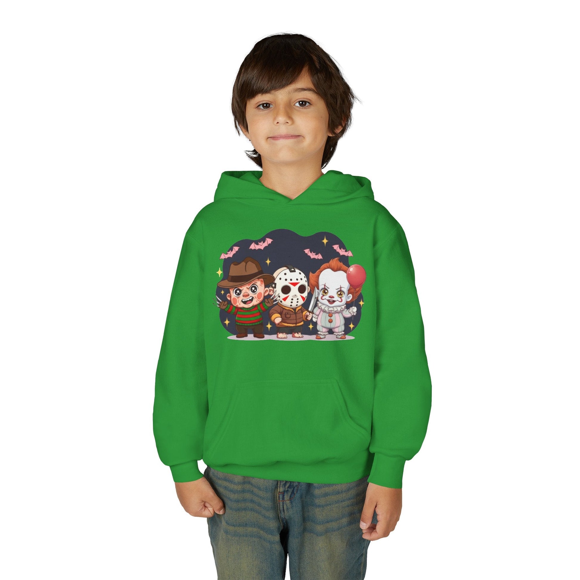 Spooky Kids’ Hoodie | Youth Heavy Blend™ Halloween Sweatshirt | Cozy Fleece, Front & Back Print, Trick - or - Treat Outfit, Horror Fan Gift – Custom Kids clothes by PixelCraft360, unique decoration for events and special gifts