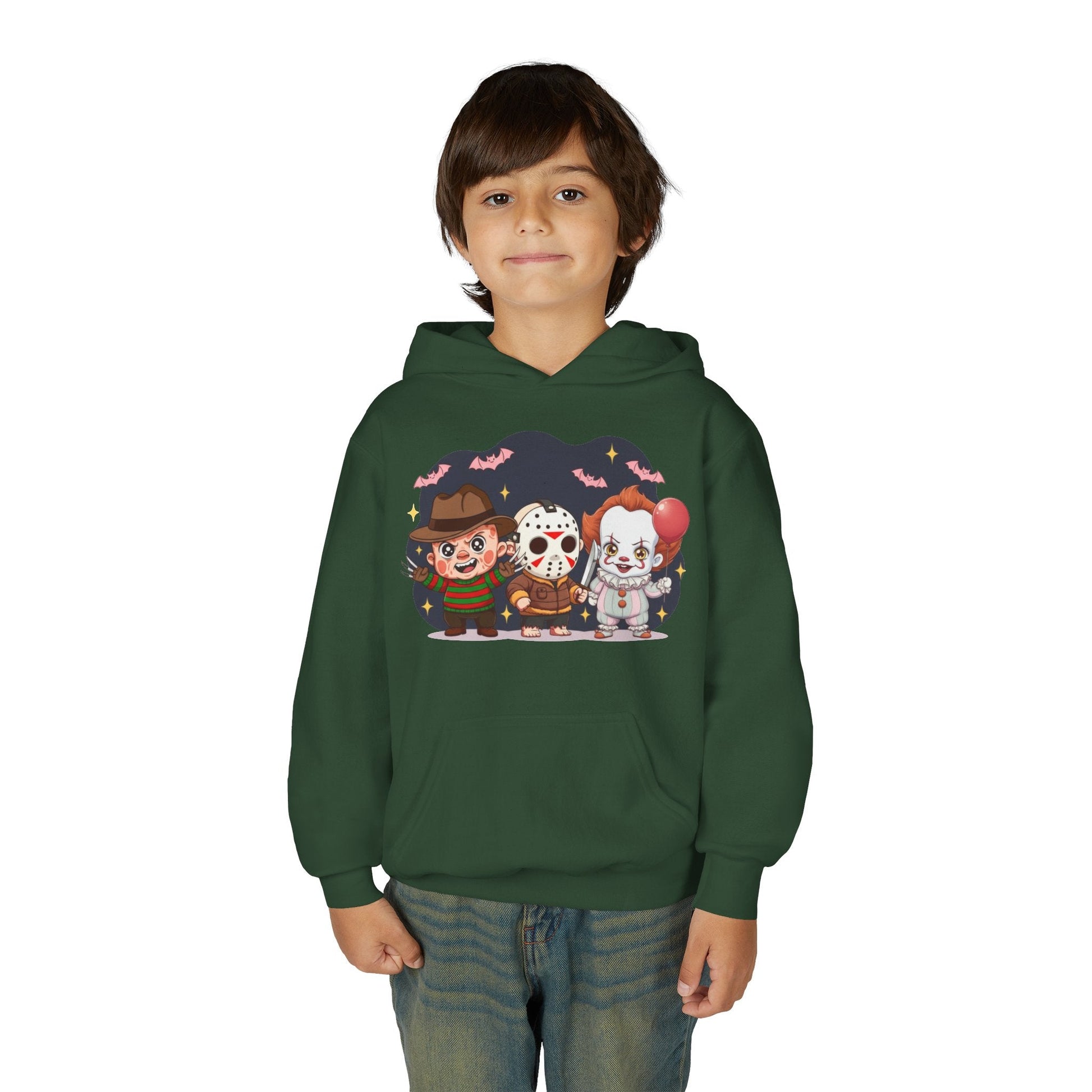 Spooky Kids’ Hoodie | Youth Heavy Blend™ Halloween Sweatshirt | Cozy Fleece, Front & Back Print, Trick - or - Treat Outfit, Horror Fan Gift – Custom Kids clothes by PixelCraft360, unique decoration for events and special gifts