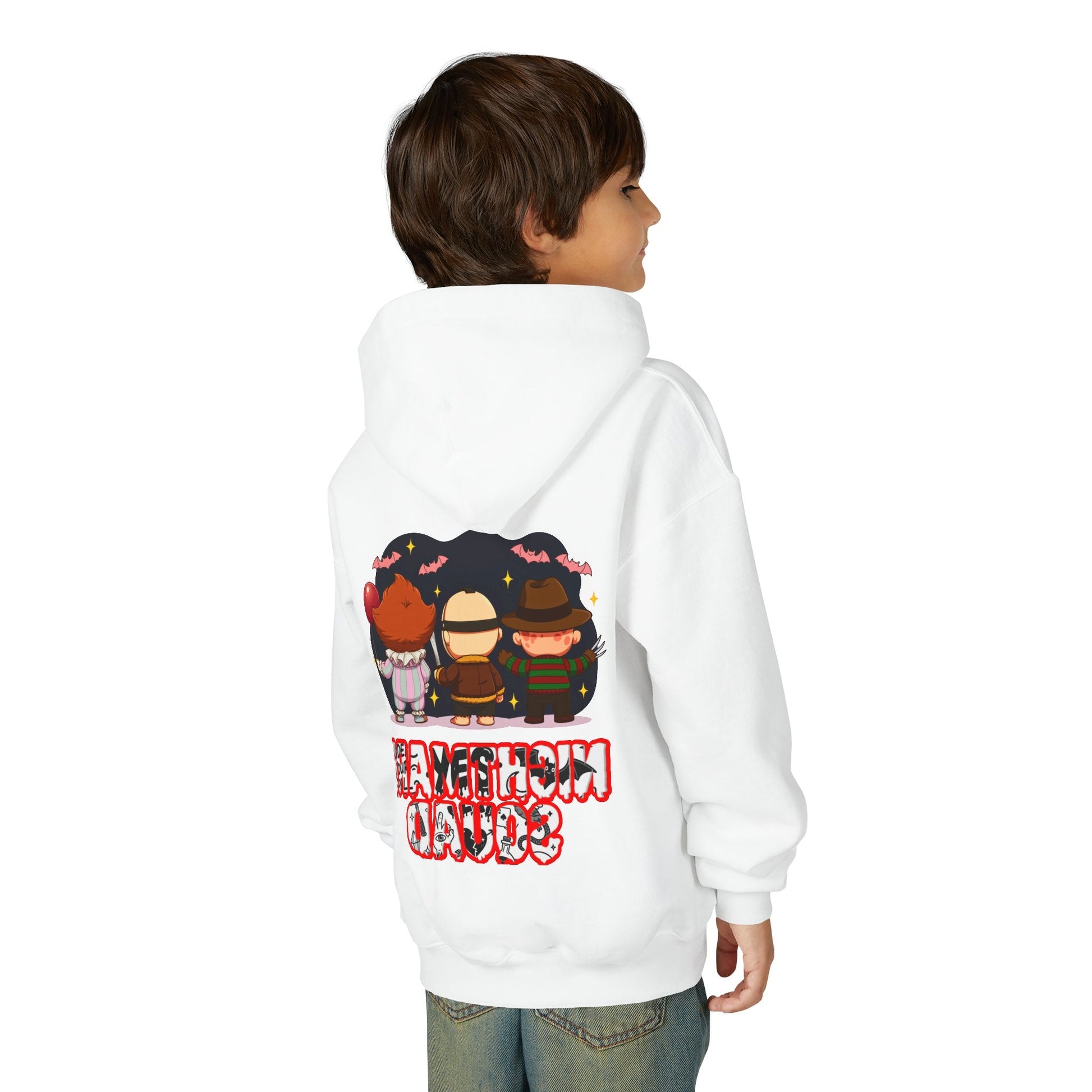Spooky Kids’ Hoodie | Youth Heavy Blend™ Halloween Sweatshirt | Cozy Fleece, Front & Back Print, Trick - or - Treat Outfit, Horror Fan Gift – Custom Kids clothes by PixelCraft360, unique decoration for events and special gifts
