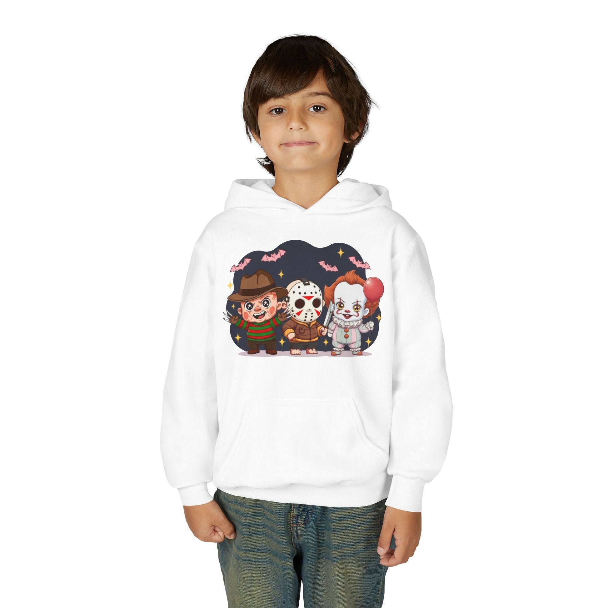 Spooky Kids’ Hoodie | Youth Heavy Blend™ Halloween Sweatshirt | Cozy Fleece, Front & Back Print, Trick - or - Treat Outfit, Horror Fan Gift – Custom Kids clothes by PixelCraft360, unique decoration for events and special gifts