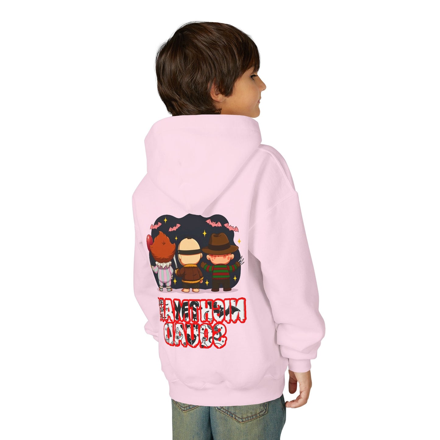 Spooky Kids’ Hoodie | Youth Heavy Blend™ Halloween Sweatshirt | Cozy Fleece, Front & Back Print, Trick - or - Treat Outfit, Horror Fan Gift – Custom Kids clothes by PixelCraft360, unique decoration for events and special gifts