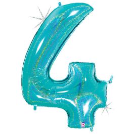Number 4 Foil Balloon 34 Inch - Robin's Egg Glitter - Image 1