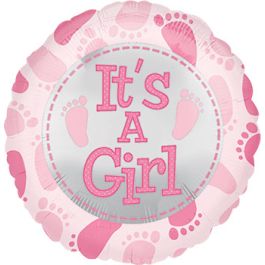 Pink 'It's A Girl' Baby Footprint Foil Balloon - Gender Reveal Decor - Image 1