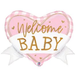 Pink Gingham Heart Banner - Welcome Baby 28 Inch Foil - Image 1