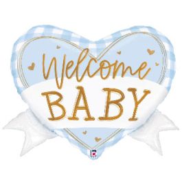 Blue Gingham Baby Heart Foil Balloon 28" - Image 1