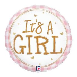 Baby Girl Gingham Foil Balloon 18 Inch - Pink - Image 1