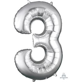 Silver Number 3 Foil Balloon 34 Inch - Image 1