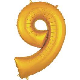 Gold Number 9 Foil Balloon - Large Shaped Birthday Decor - Image 1