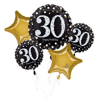 30th Birthday Balloon Bouquet - Sparkling Gold & Black - Image 1