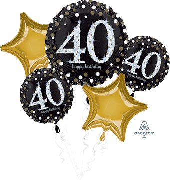 40th Birthday Balloon Bouquet - Sparkling Gold & Black - Image 1