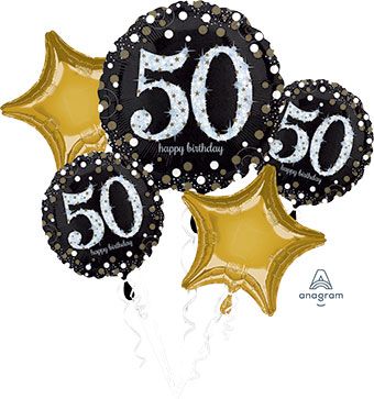 50th Birthday Balloon Bouquet - Sparkling Gold & Black - Image 1