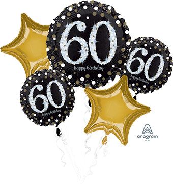 60th Birthday Balloon Bouquet - Sparkling Gold & Black - Image 1
