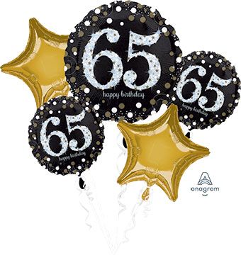65th Birthday Balloon Bouquet - Sparkling Black & Gold - Image 1