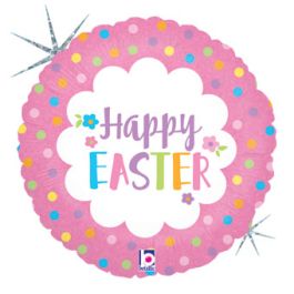 9 Inch Happy Easter Flowers Foil Balloon - Pink, Yellow & Blue - Image 1