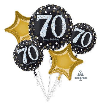 70th Birthday Balloon Bouquet - Sparkling Black & Gold - Image 1