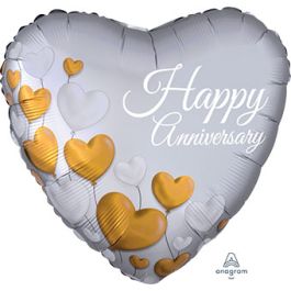 18 Inch Happy Anniversary Heart Balloons - Platinum Gold - Image 1