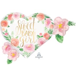 Floral Sweet Baby Girl Heart Balloon 27 Inch Foil - Image 1