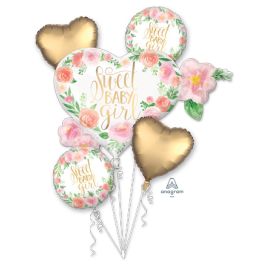 Floral Sweet Baby Girl Heart Foil Bouquet Balloon - Image 1