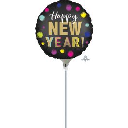 Happy New Year Foil Balloon 9 Inch Round - Black Gold - Image 1