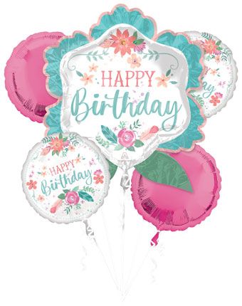 Happy Birthday Floral Balloon Bouquet - 18" Foil - Image 1