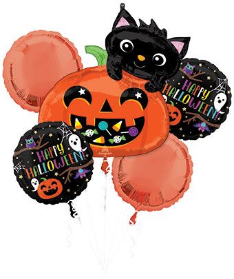 Halloween Balloon Bouquet with Cat & Pumpkin - Image 1