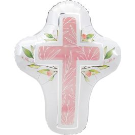 First Communion Cross Balloon 28 Inch Pink Foil - Image 1