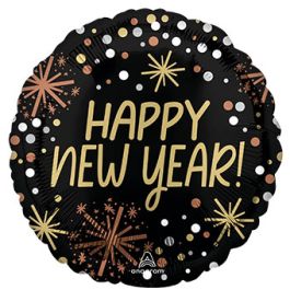 18 Inch Happy New Year Confetti Foil Balloon - Black Gold - Image 1