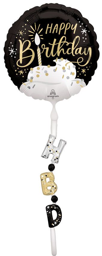 Happy Birthday Foil Balloon 24" - Black Silver Gold - Image 1