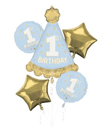 1st Birthday Balloon Bouquet - Gold & Blue - Image 1
