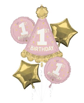 1st Birthday Balloon Bouquet - Pink & Gold - Image 1