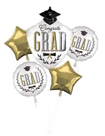 Graduation Balloon Bouquet - Gold & White - Image 1