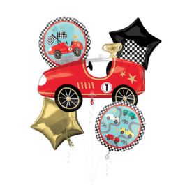 Red Race Car Foil Balloon Bouquet - Birthday Party Decor - Image 1