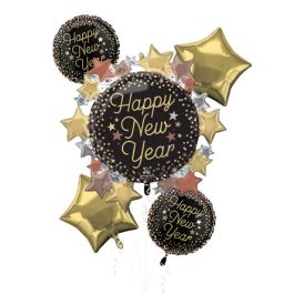 Happy New Year Foil Balloon Bouquet - Gold & Black Stars - Image 1