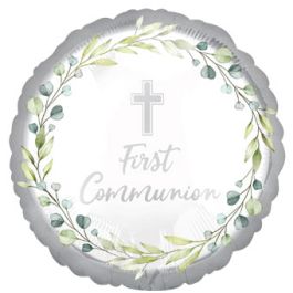 First Communion Foil Balloon 18 Inch Pearl White Cross - Image 1
