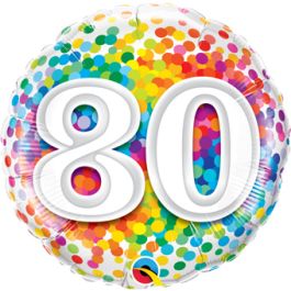 18 Inch Round Rainbow Confetti Foil Balloon - 80th Birthday - Image 1