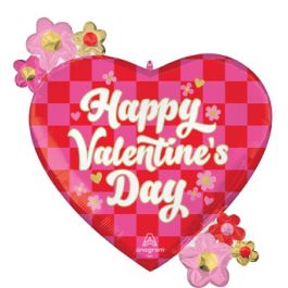 Valentine's Day Heart Foil Balloon - Red Pink Checkerboard 25 Inch - Image 1