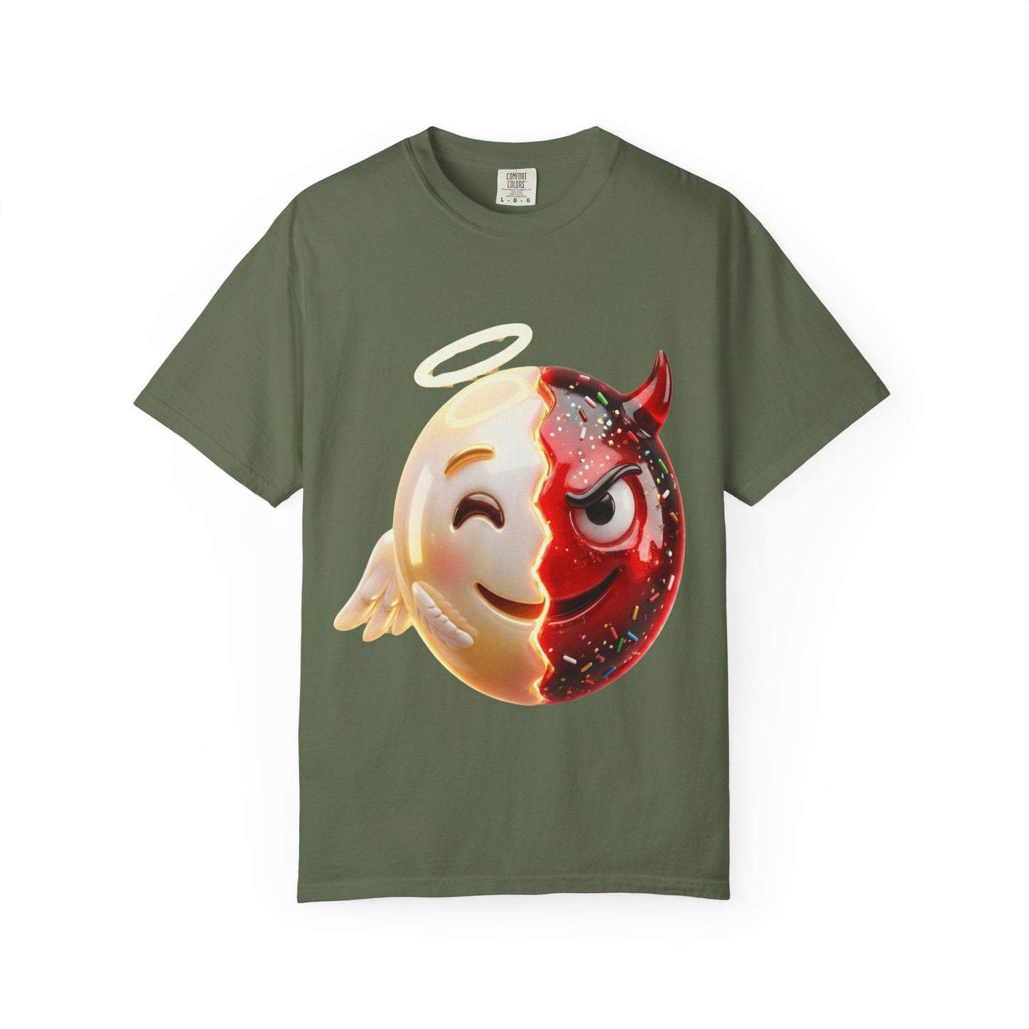 Angel Devil Duality T-shirt | Split Emoji 3D Character, Good vs Evil – Custom T-Shirt by PixelCraft360, unique decoration for events and special gifts