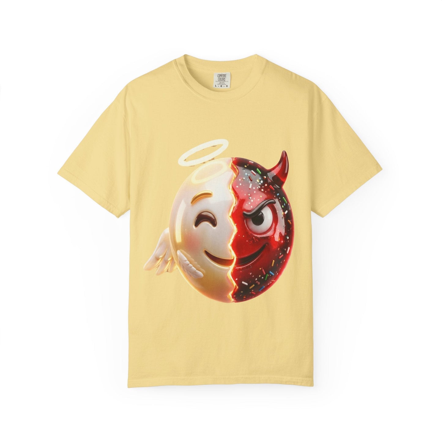 Angel Devil Duality T-shirt | Split Emoji 3D Character, Good vs Evil – Custom T-Shirt by PixelCraft360, unique decoration for events and special gifts