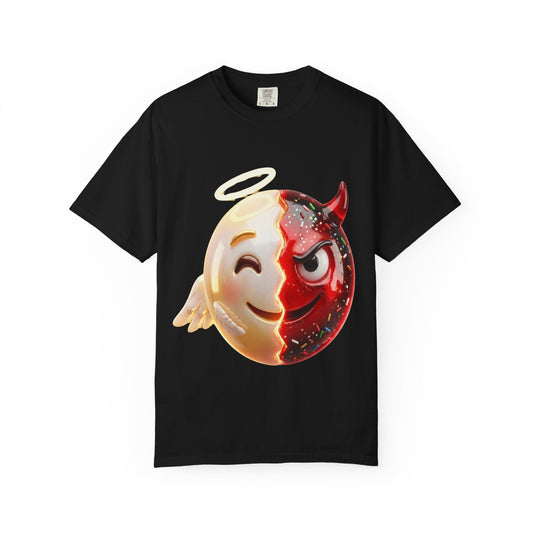 Angel Devil Duality T-shirt | Split Emoji 3D Character, Good vs Evil – Custom T-Shirt by PixelCraft360, unique decoration for events and special gifts