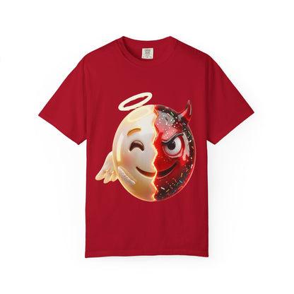 Angel Devil Duality T-shirt | Split Emoji 3D Character, Good vs Evil – Custom T-Shirt by PixelCraft360, unique decoration for events and special gifts