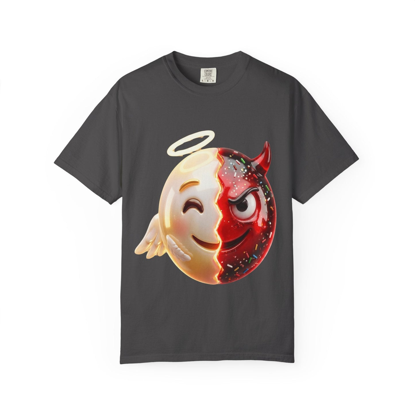 Angel Devil Duality T-shirt | Split Emoji 3D Character, Good vs Evil – Custom T-Shirt by PixelCraft360, unique decoration for events and special gifts