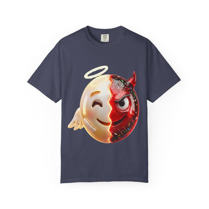 Angel Devil Duality T-shirt | Split Emoji 3D Character, Good vs Evil – Custom T-Shirt by PixelCraft360, unique decoration for events and special gifts