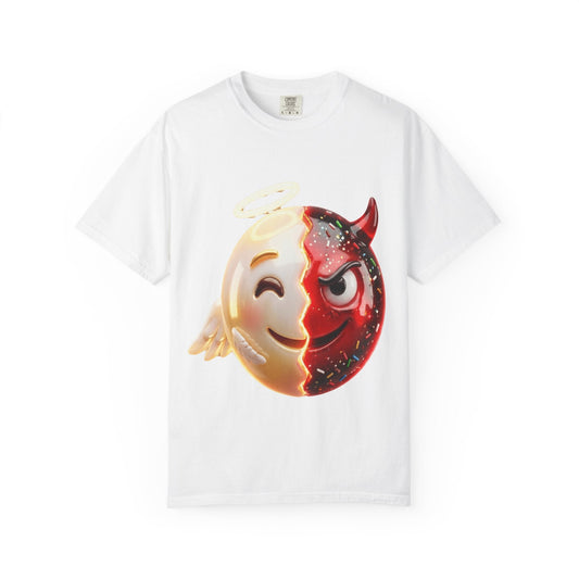 Angel Devil Duality T-shirt | Split Emoji 3D Character, Good vs Evil – Custom T-Shirt by PixelCraft360, unique decoration for events and special gifts