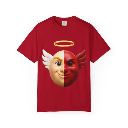 Angel Devil Split Face T-shirt | Duality Emoji Character Graphic – Custom T-Shirt by PixelCraft360, unique decoration for events and special gifts